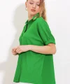 Yeşil Oversize Polo Yaka Örme Bluz 0486