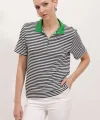Yeşil Polo Yaka Fermuarlı Çizgili Tişört 0497