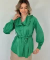 Yeşil Yakası Fırfırlı Kuşaklı Saten Gömlek