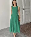 Yeşil Yanları Büzgülü Midi Boy Keten Elbise