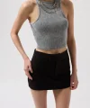 Yıkamalı Halter Yaka Crop Bluz