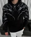 Yıldırım Baskılı Kapşonlu SweatShirt - Siyah