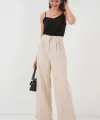 Yüksek Bel Bol Kumaş Pantolon 6697  Krem