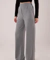 Yüksek Bel Bol Paça Krep Gri Pantolon