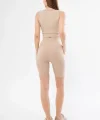Yüksek Bel Fitilli Croplu Biker Şortlu Takım - Bej