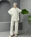 Yuvarlak Yaka Oval Kesim Cepli Pantolonlu Osyho Takım -Beyaz