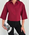 Z Krep Kadın Crop Yakalı Gömlek İlik Düğmeli Üç Çeyrek Sleeve Kol - Bordo
