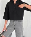 Z Krep Kadın Crop Yakalı Gömlek İlik Düğmeli Üç Çeyrek Sleeve Kol - Siyah
