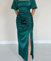 Zümrüt Büzgülü Saten Elbise