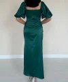 Zümrüt Büzgülü Saten Elbise
