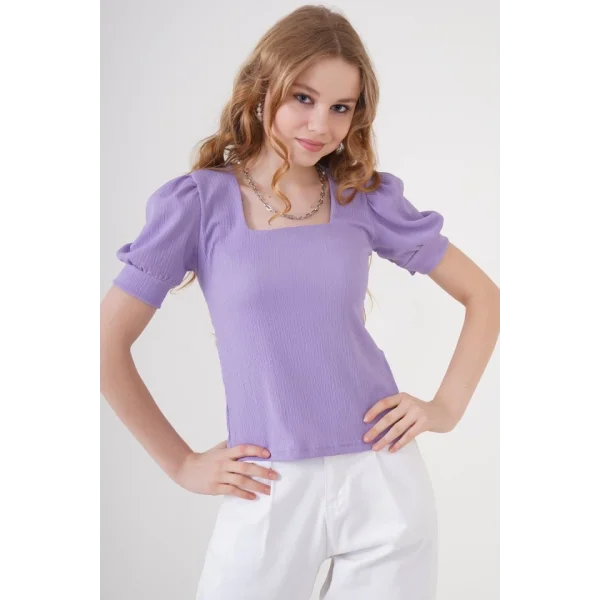 0409 Kare Yaka Örme Bluz - Lila