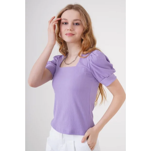 0409 Kare Yaka Örme Bluz - Lila