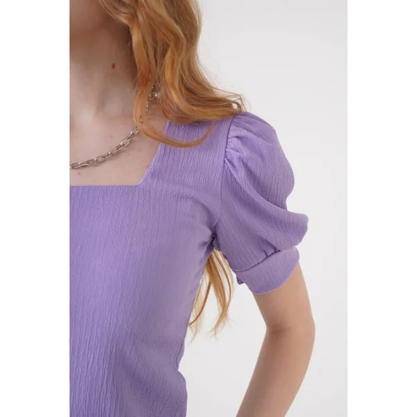 0409 Kare Yaka Örme Bluz - Lila