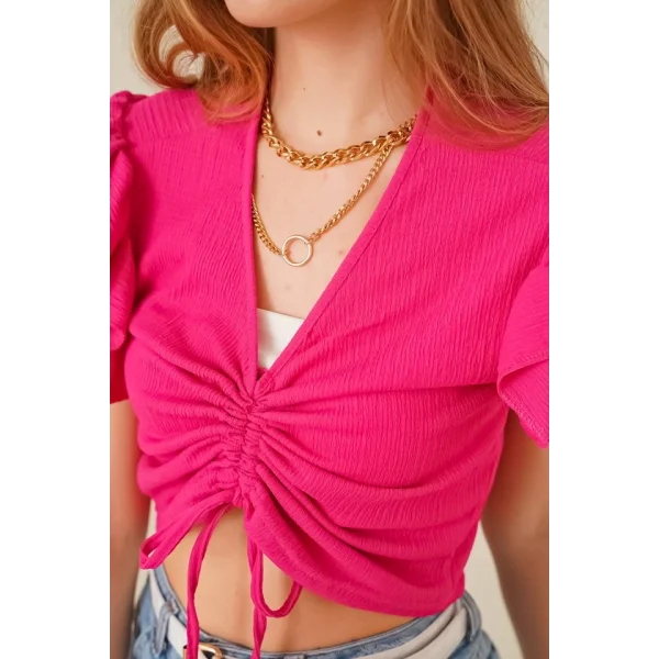 0423 Crop Örme Bluz  Fuşya