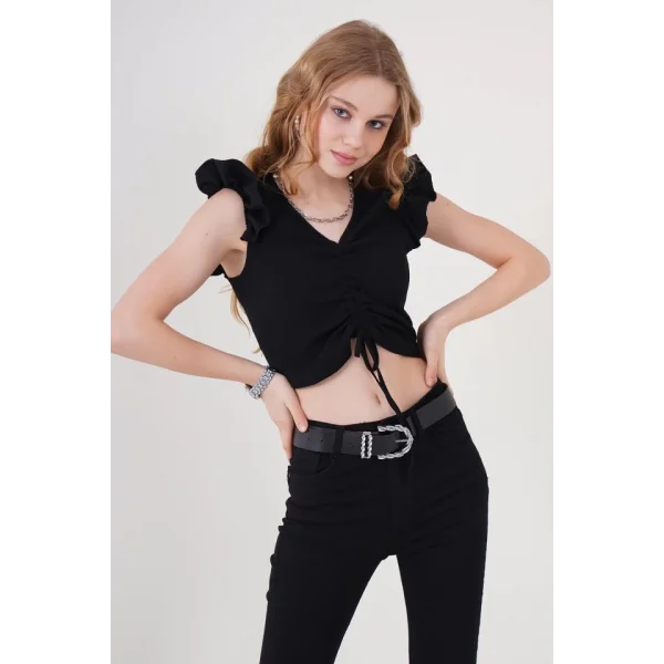 0423 Crop Örme Bluz  Siyah