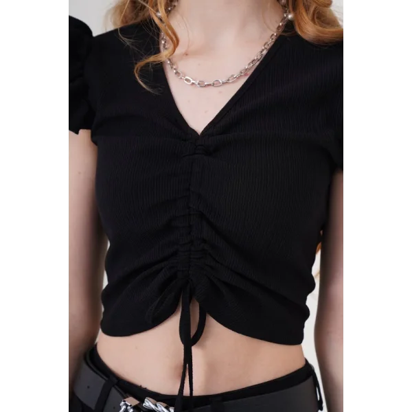 0423 Crop Örme Bluz  Siyah