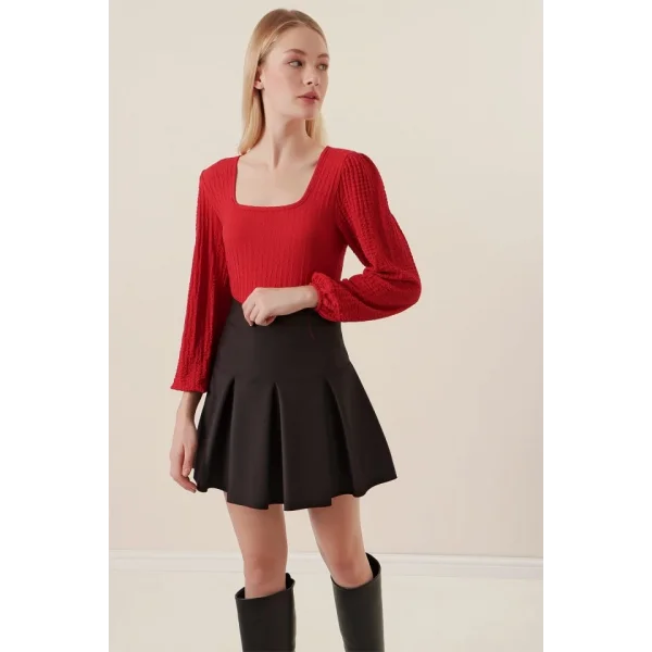 0442 Uzun Kollu Bluz - Kırmızı