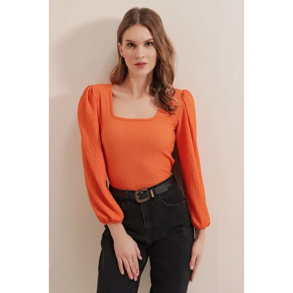 0442 Uzun Kollu Bluz - Turuncu