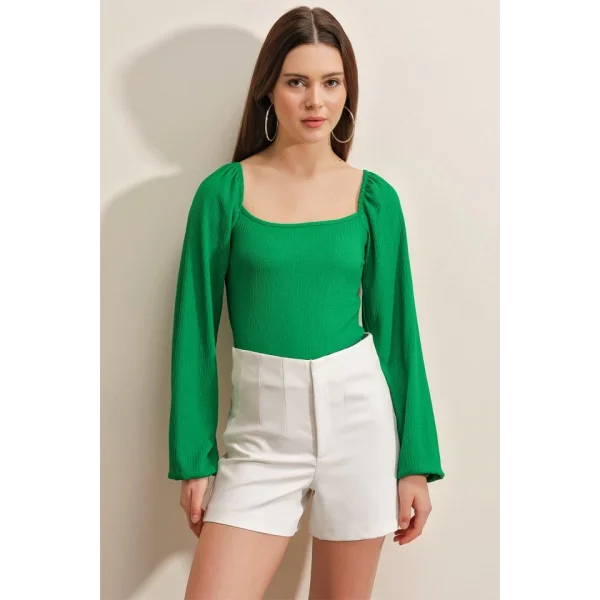 0465 Balon Kollu Örme Bluz  Yeşil