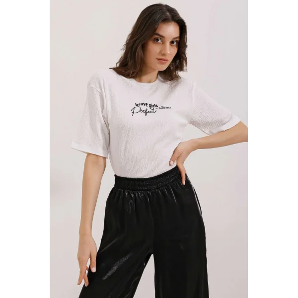 0472 Baskılı Oversize Örme Tişört - Beyaz