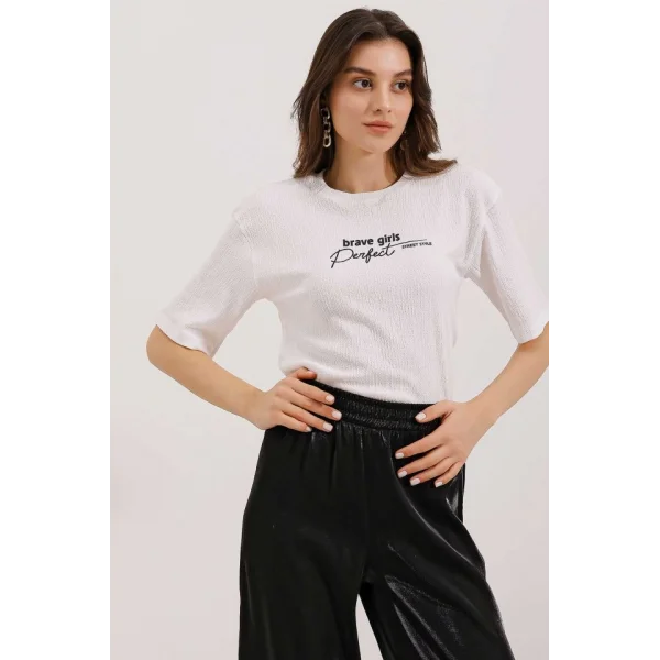 0472 Baskılı Oversize Örme Tişört - Beyaz