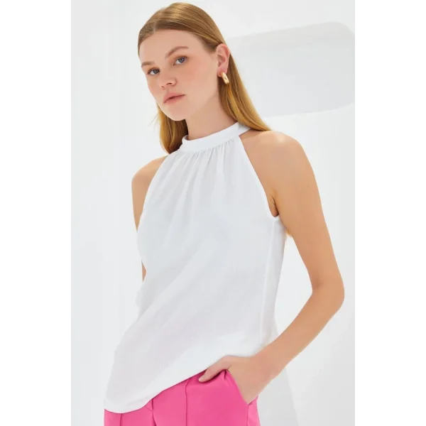 0489 Halter Yaka Örme Bluz  Beyaz