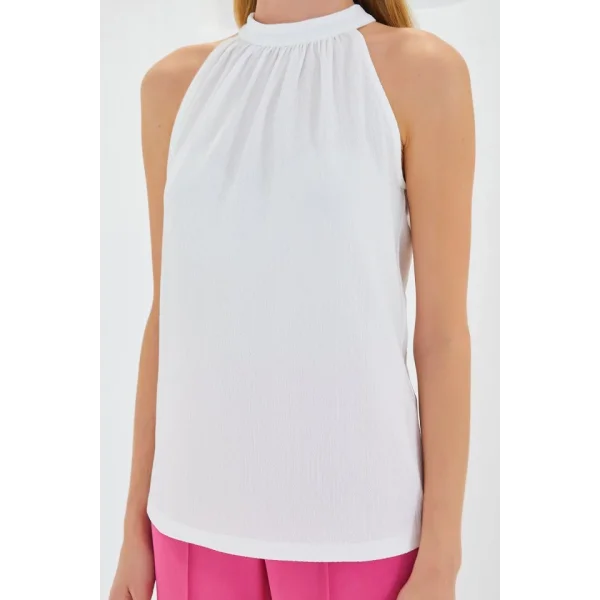 0489 Halter Yaka Örme Bluz  Beyaz