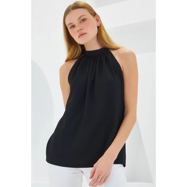 0489 Halter Yaka Örme Bluz - Siyah