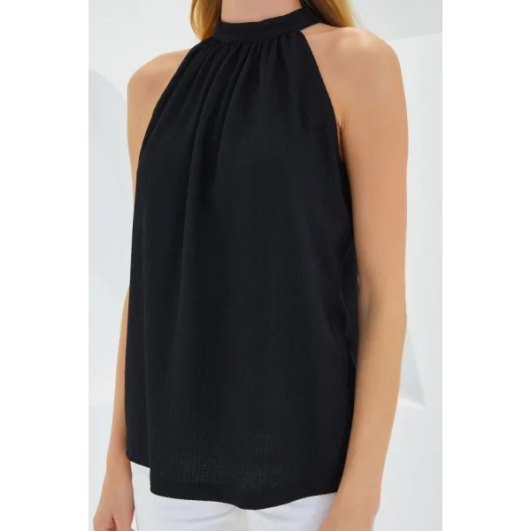 0489 Halter Yaka Örme Bluz - Siyah