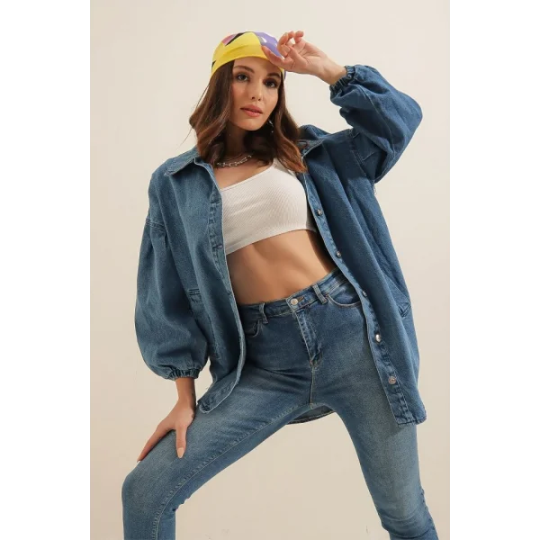 0662 Denim Balon Kollu Kot Ceket  Mavi