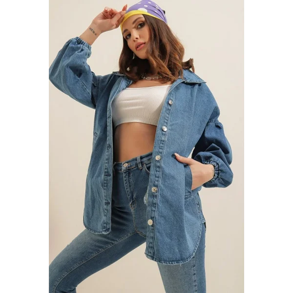 0662 Denim Balon Kollu Kot Ceket  Mavi