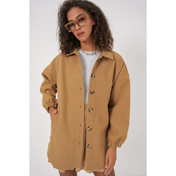 0674 Cepli Oversize Gömlek  Hardal