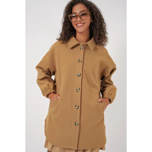 0674 Cepli Oversize Gömlek  Hardal