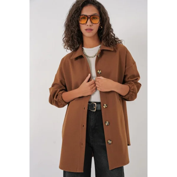 0674 Cepli Oversize Gömlek  Taba