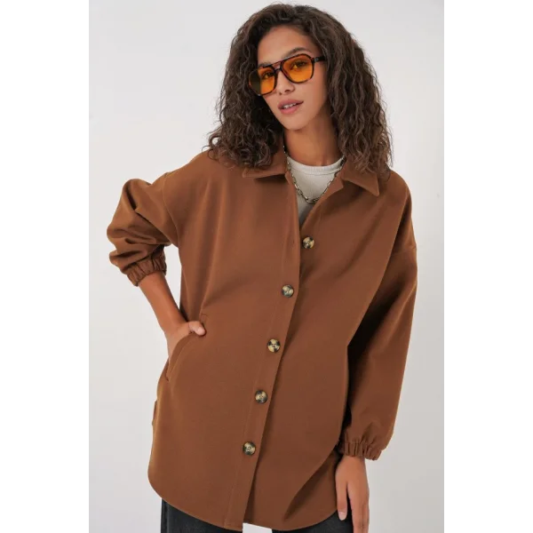 0674 Cepli Oversize Gömlek  Taba