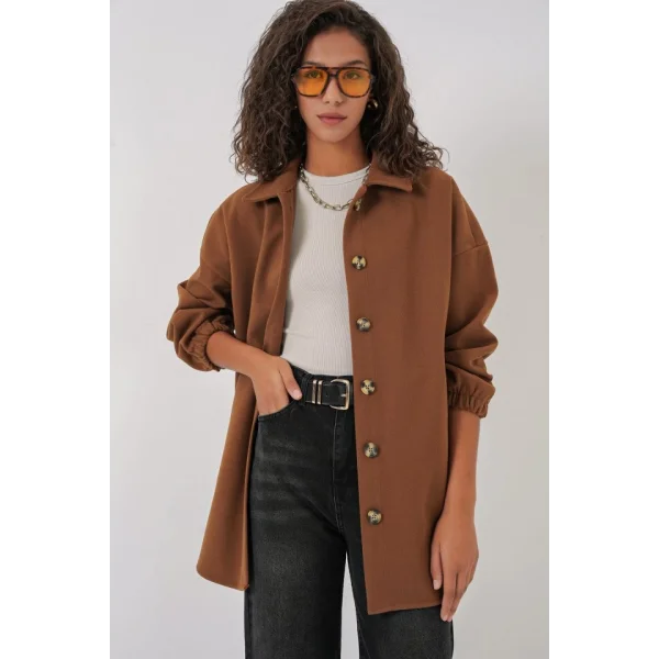 0674 Cepli Oversize Gömlek  Taba