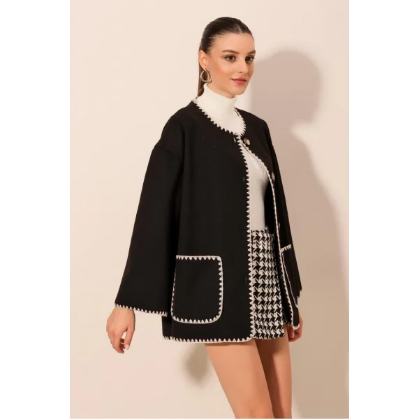 0690 Boyfriend Nakışlı Kaşe Ceket  Siyah