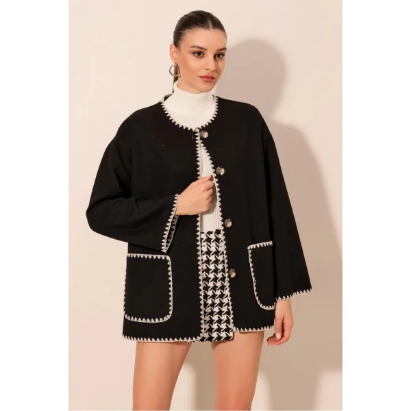 0690 Boyfriend Nakışlı Kaşe Ceket  Siyah