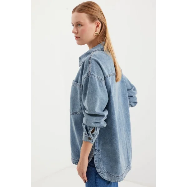 0694 Çift Cepli Oversize Denim Ceket - Buz Mavi