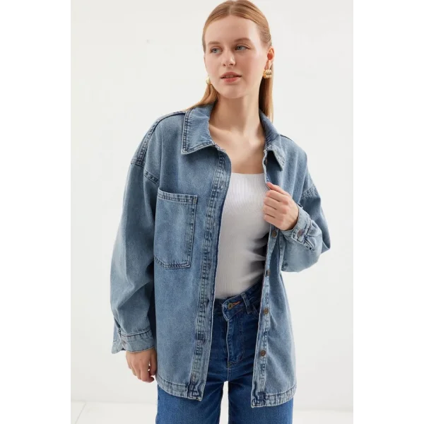 0694 Çift Cepli Oversize Denim Ceket - Buz Mavi