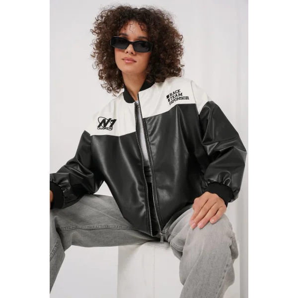 0698 Baskılı Suni Deri Bomber Ceket - Beyaz