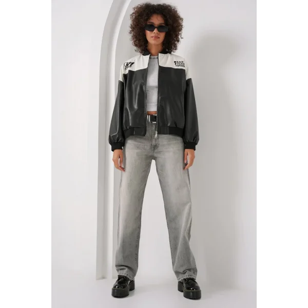 0698 Baskılı Suni Deri Bomber Ceket - Beyaz