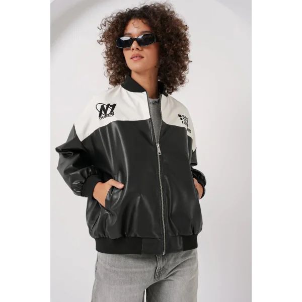 0698 Baskılı Suni Deri Bomber Ceket - Beyaz