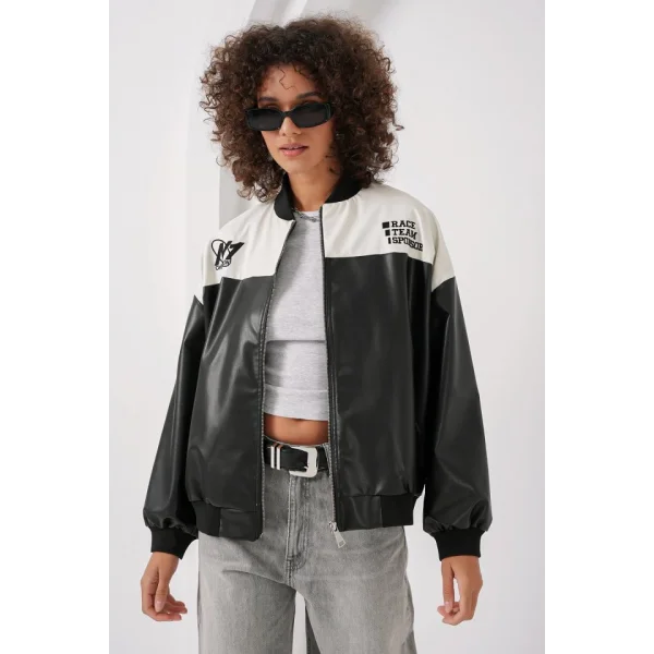 0698 Baskılı Suni Deri Bomber Ceket - Beyaz