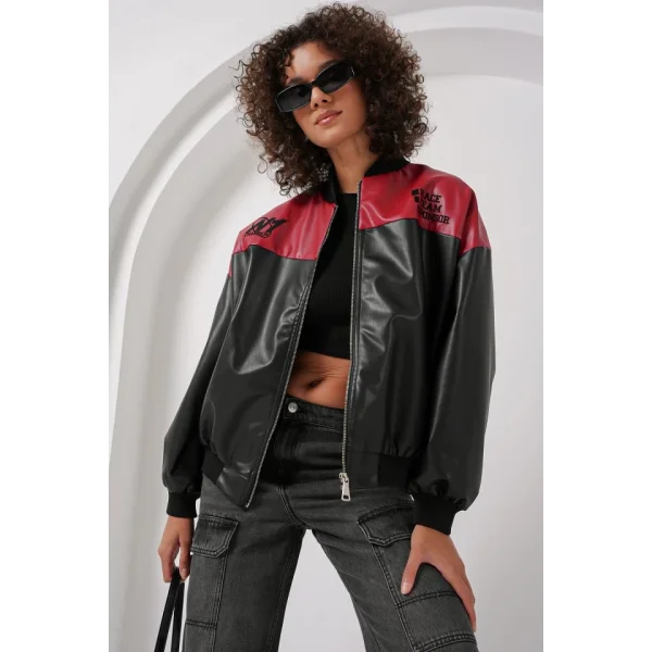 0698 Baskılı Suni Deri Bomber Ceket  Bordo