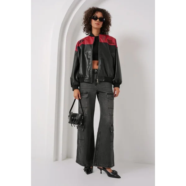 0698 Baskılı Suni Deri Bomber Ceket  Bordo