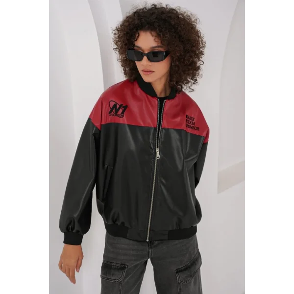 0698 Baskılı Suni Deri Bomber Ceket  Bordo