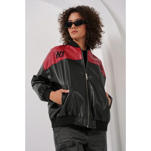 0698 Baskılı Suni Deri Bomber Ceket  Bordo