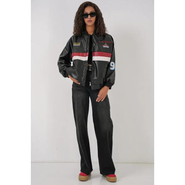 0698 Baskılı Suni Deri Bomber Ceket  Siyah