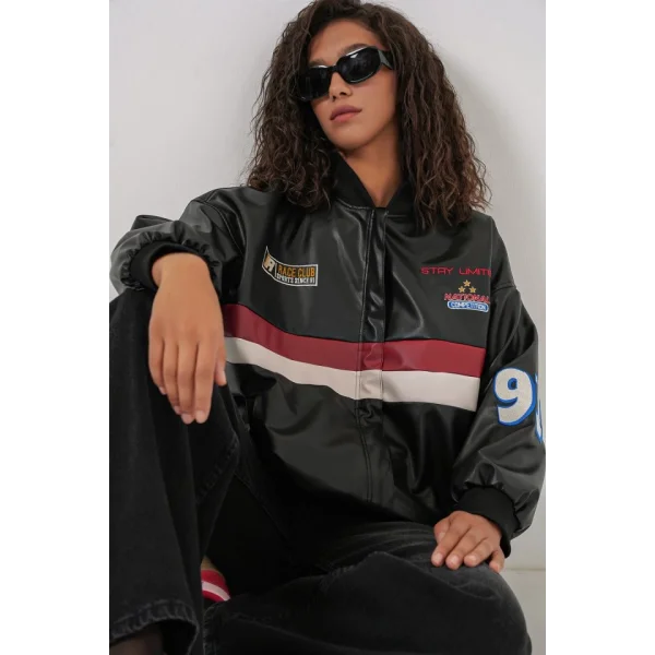 0698 Baskılı Suni Deri Bomber Ceket  Siyah